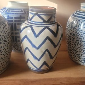 Vintage handmade vase blue white brass trim 9"